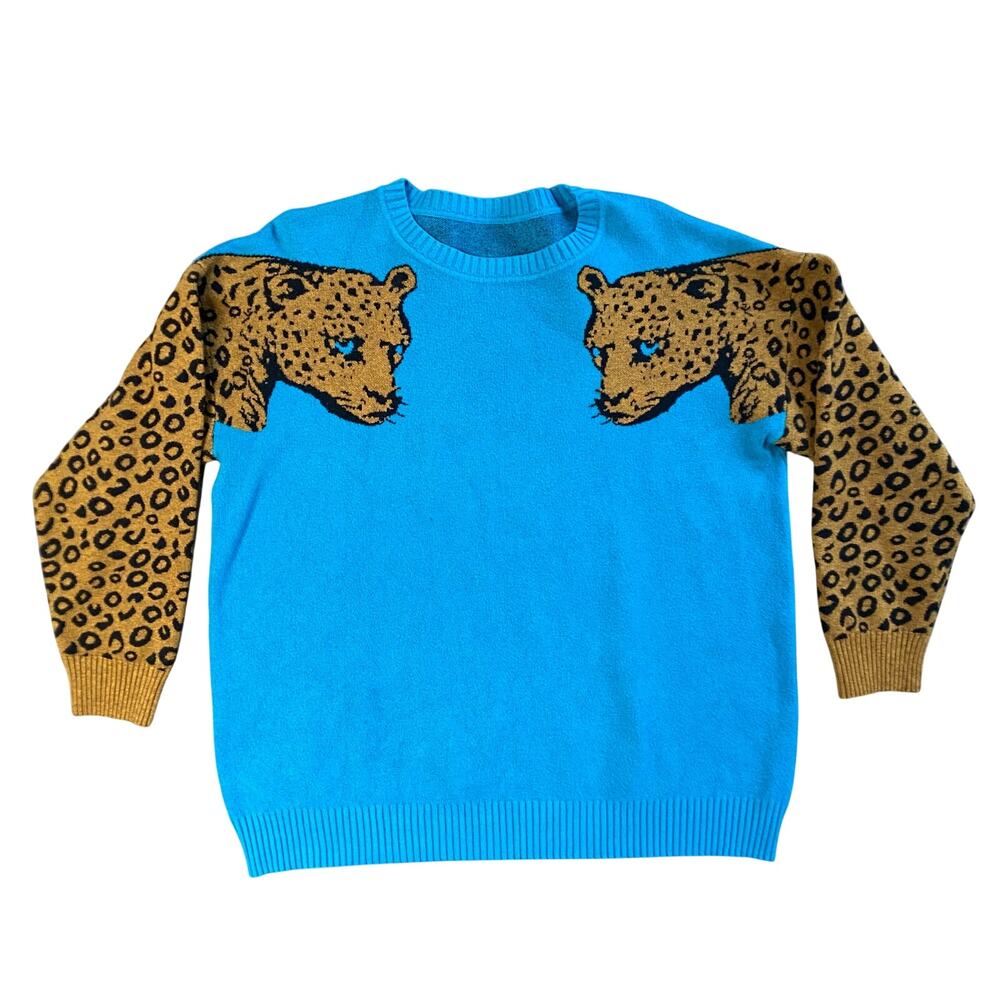Angashion Leopard Crew Neck sweater Sz L Teal & Brown Leopard Spot Sleeves